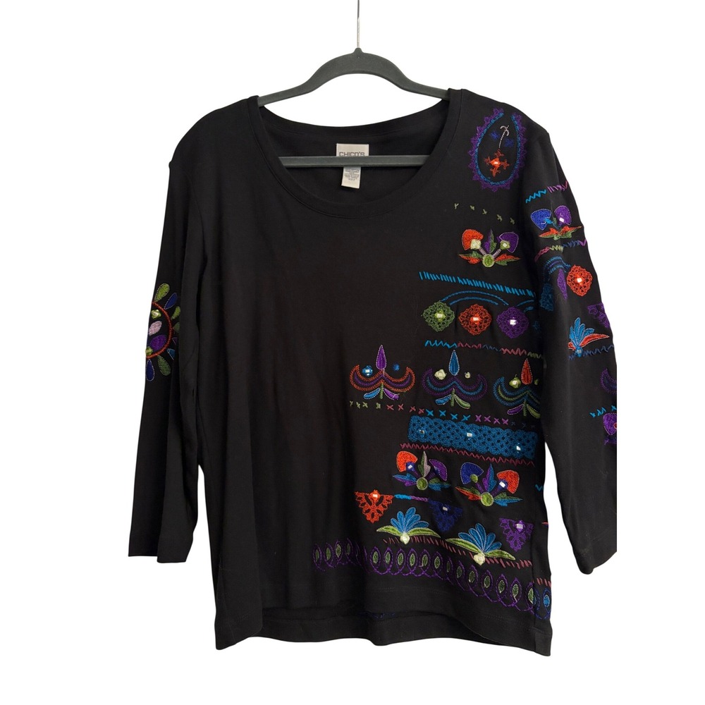 Chicos Black Embroidered Colorful Sequin Long Sleeve Top Cotton Size 2‎ L Large